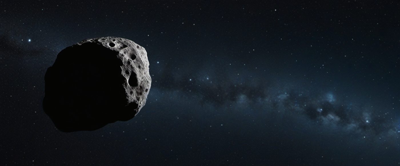 A rocky near-Earth asteroid tumbling through space against a star field, with the blue limb of Earth glowing at lower right.